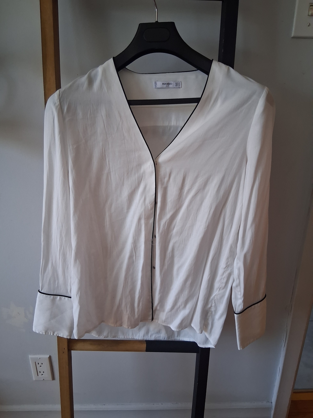 Mango White Blouse with Black Trim